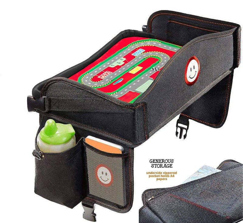 Coolmum Kids Travel Tray, Toddler Car Seat Tray, Double Sided Activity Organizer, Snack Lap Tray, Baby Stroller Table, Airplane Play Table, Waterproof and Foldable (Premium Black) - Image 2